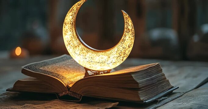 A crescent moon lamp illuminates an open book with Arabic script, creating a warm and spiritual atmosphere.