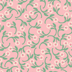 Cute naive flowers on pink  background, seamless pattern. Vector floral illustration.