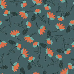 Hand drawn pattern with water lily. Vector floral illustration with flowers and leaves, hand drawn otange water lily.