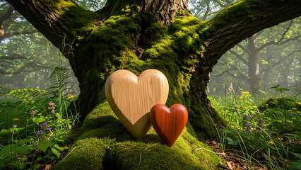 Wooden hearts nestled in mossy forest