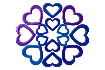 Purple and blue hearts arranged in circular pattern on white not present isolated on a transparent background