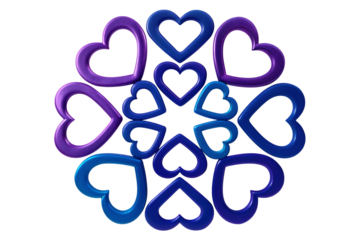 Purple and blue hearts arranged in circular pattern on white not present isolated on a transparent background