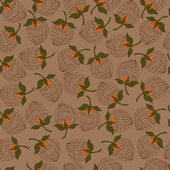 Hand drawn seamless pattern with hand drawn physalis on brown background. Vector illustration with exotic berries.