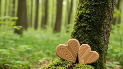 Wooden hearts in forest
