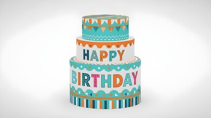 A colorful three-tiered birthday cake with vibrant decorations and a happy birthday message