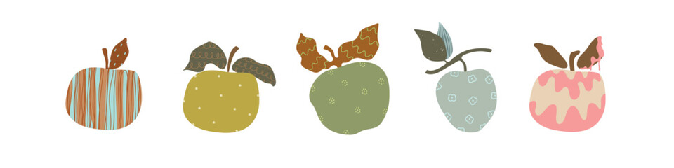 Hand drawn five cartoon abstract apple on white background. Vetor illustration