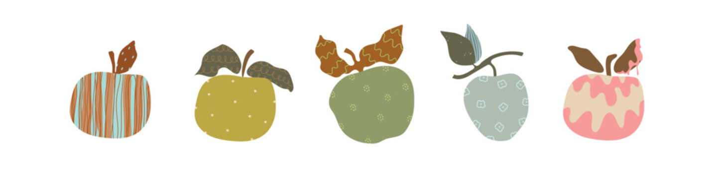 Hand drawn five cartoon abstract apple on white background. Vetor illustration