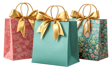Luxury shopping bag golden handle satin bow floral pattern pastel color gift packaging paper bag elegant design festive style celebration vibe create charming scene with refined detail, isolated