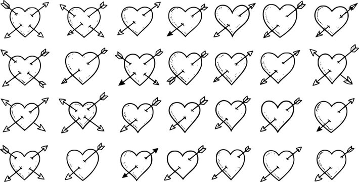 Black and White Line Art Hearts with Arrows, Valentine's Day Symbols, Romantic Clipart, Love Icons