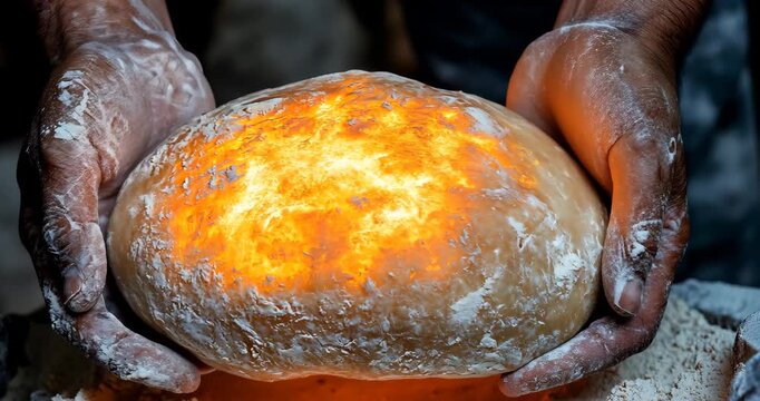 A close-up shot shows hands preparing dough, glowing with warmth, for traditional bread baking in a rustic setting.