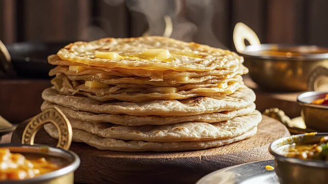 Indian bread assortment with stacked roti and paratha on rustic surface