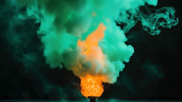 Intense explosion producing a vibrant green flame and orange fire in a dark environment, explosion of a substance burning with a green flame