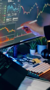 Cryptocurrency Technical Analysis Tablet Trading Chart. Professional fintech scene showing stylus interaction touchscreen device presenting candlestick visualization indicators