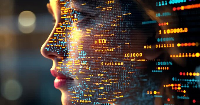 A close-up of a woman's face covered in glowing binary code, representing technology and artificial intelligence in a futuristic style.