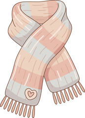 Hand Drawn Cozy Striped Scarf with Heart Icon Illustration for Valentine's Day and Winter Fashion