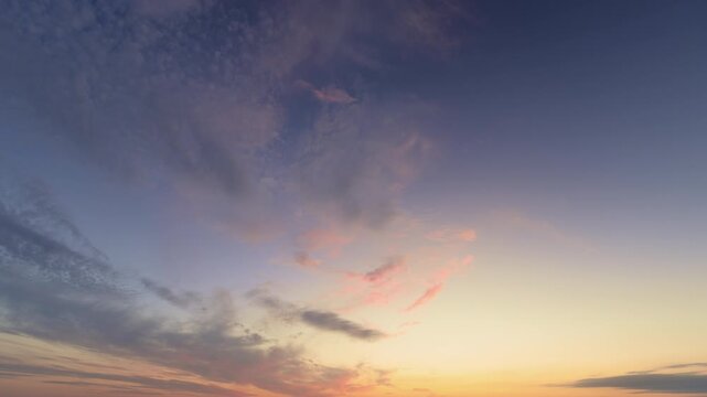 Calm sunset scene, Tranquil sunset over horizon featuring wispy clouds and soft glow, Gentle twilight sky blending pastel tones with delicate cirrus streaks and faint stars