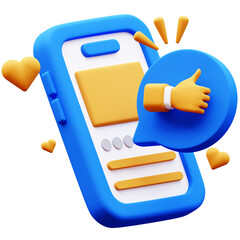 3D Illustration of a smartphone with a thumbs up in a speech bubble, surrounded by hearts. Represents social media engagement and positive feedback.