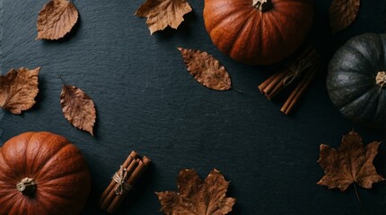 Autumn pumpkins and dried leaves on dark background with cinnamon  