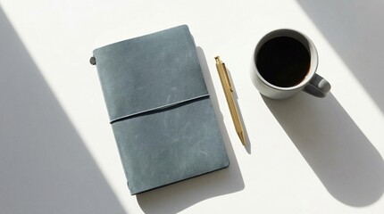 Stylish journal with pen and coffee cup on white surface  