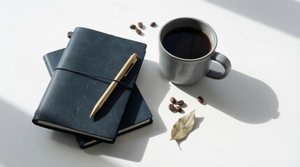 Coffee mug with notebooks and pen on white table  