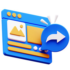 3D Illustration of a blue website window with yellow content and speech bubble with arrow. Represents sharing content and communication.