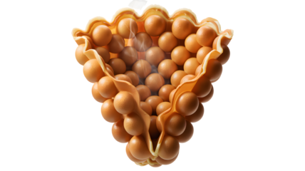 Delicious steaming hot Hong Kong style bubble waffle bursting with golden spheres on transparent background