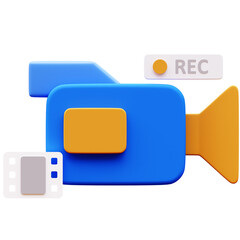 3D Illustration of a blue and yellow video camera with a 'REC' indicator and film reel, representing video recording, filmmaking, content creation, and visual media.