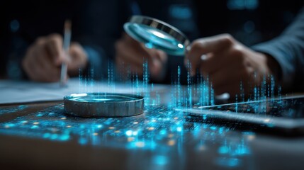 Medium shot of auditors using blockchain technology to conduct thorough financial audits showcasing enhanced accuracy and accountability.