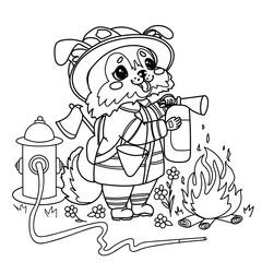 Vector illustration children's coloring book about professions. Linear dog firefighter