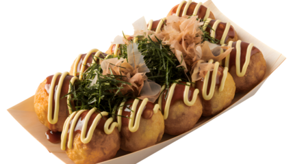 Delicious freshly prepared takoyaki octopus balls served with savory sauces and toppings on transparent background