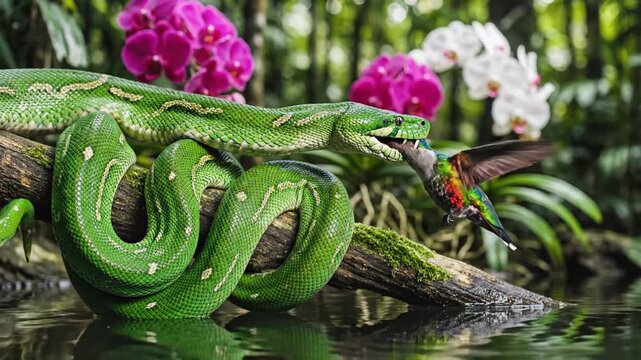 Emerald Tree Boa Hunting a Hummingbird Amidst Exotic Orchids in a Lush Rainforest Habitat