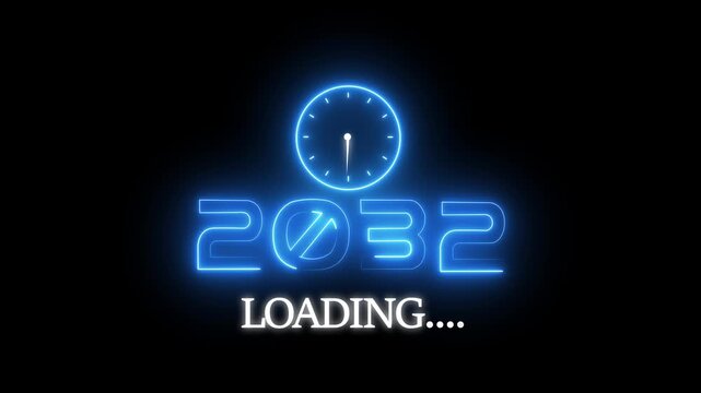 New year 2032 loading animation. Neon new year text animation. New year timer clock icon animation. New year  2032 loading concept. Loading bar from 2032 new year transfer animation.4k video 