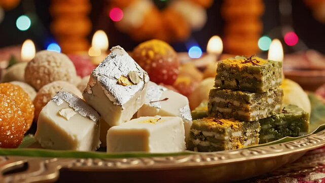 Indian sweets assortment with laddoo and barfi on tray under warm festive lighting