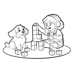 Black and White Line Art of Little Girl Playing Blocks With Her Dog