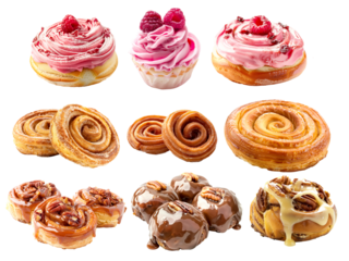 Cinnamon roll topped with smooth raspberry, vanilla and chocolate icing, making it perfect for dessert or breakfast, isolated on white transparent background.