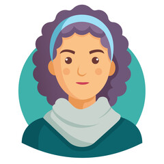 Fototapeta premium Clean SVG vector icon of a senior Middle Eastern woman’s face, front view, gentle expression, curly hair, wearing a scarf, flat minimal style, clean outlines, solid colors.