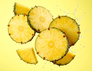 Fresh pineapple slices with water splashes on yellow background