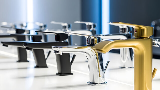 Showroom display of modern luxury bathroom and kitchen faucets in gold, chrome, and matte black finishes. Interior design plumbing fixtures for home renovation and contemporary decor styles.