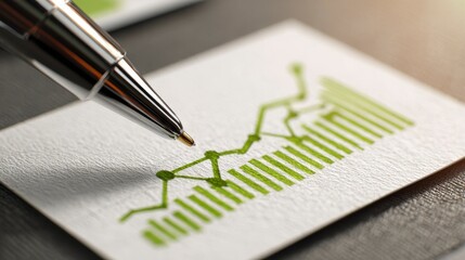 Close-up view of a pen hovering over a hand-drawn green line graph on white paper, hinting at business progress