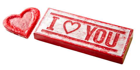 Red heart shaped stamp and I love you text stamp on white isolated on a transparent background