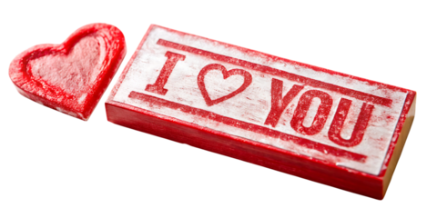 Red heart shaped stamp and I love you text stamp on white isolated on a transparent background