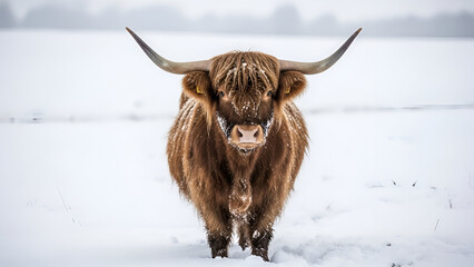 Majestic highland cattle amidst a serene winter landscape with soft diffused lighting
