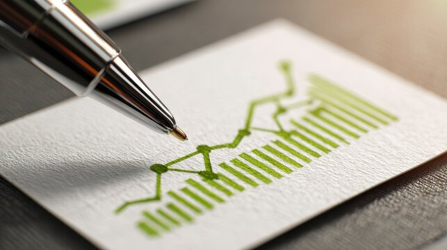 Close-up view of a pen hovering over a hand-drawn green line graph on white paper, hinting at business progress - Powered by Adobe