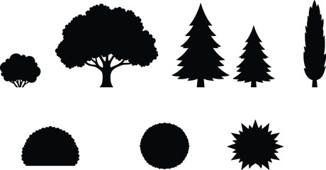 Tree and bush silhouette vector illustration, conifer icons, broadleaf design, shrub shapes, landscaping elements, gardening graphics, nature foliage art, 