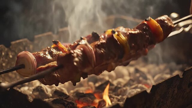 Kebab skewers with grilled meat in smoky atmosphere and warm lighting