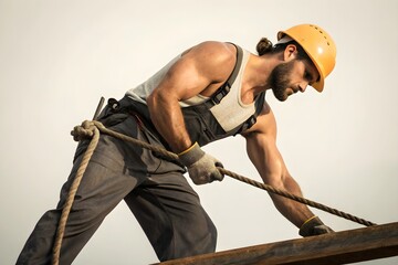 Strong construction worker pulling rope while wearing safety helmet demonstrating physical strength teamwork industrial labor and demanding outdoor work