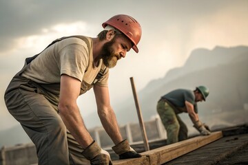 Construction workers performing heavy physical labor on building site, professional builders in safety helmets working with wooden beams outdoors