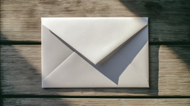Close-up of a white folded envelope casting shadows on a weathered wooden surface, natural lighting