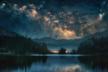 Majestic dark blue scene at a lake in the night, with mountains, trees and the luminous Milky Way reflected in the calm water