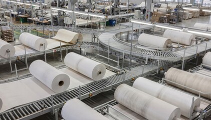 Medium aerial perspective of fabric rolls traveling across interconnected conveyor systems emphasizing seamless departmenttodepartment transfer in textile manufacturing.